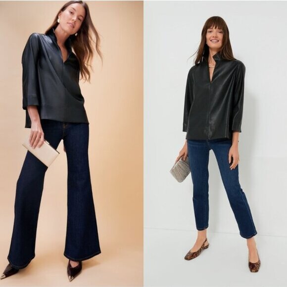 Tuckernuck NEW Black Faux Leather Chic Edgy Collared Margot Top Size S - Picture 4 of 13